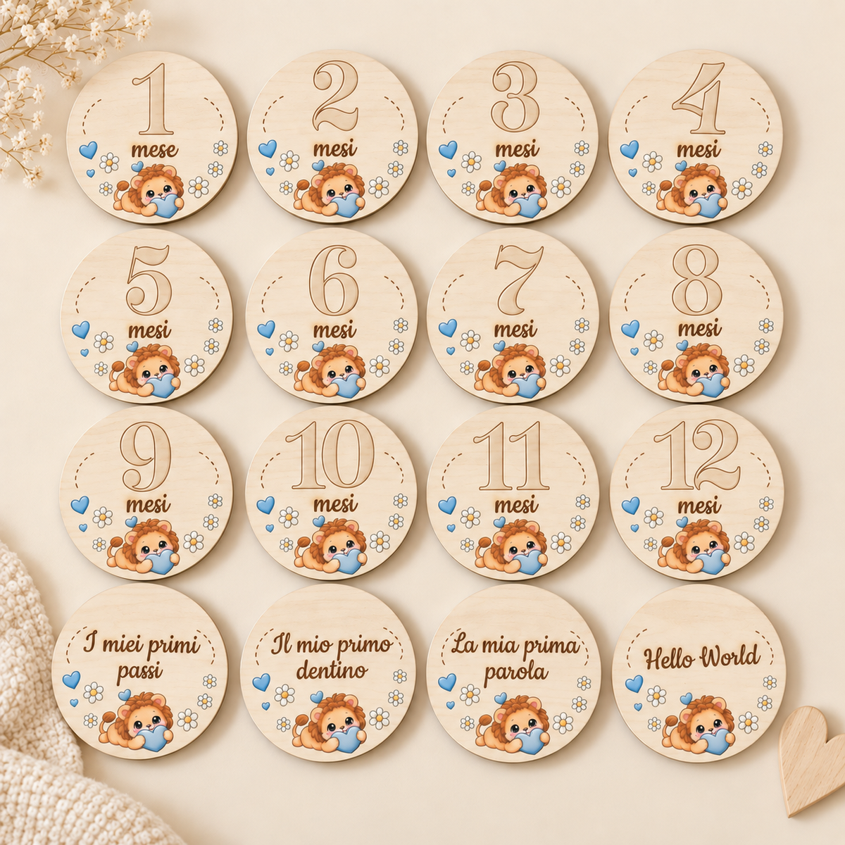 Set milestone neonato in legno – 16 dischi mesi + momenti bambino, baby milestone cards, regalo nascita personalizzato