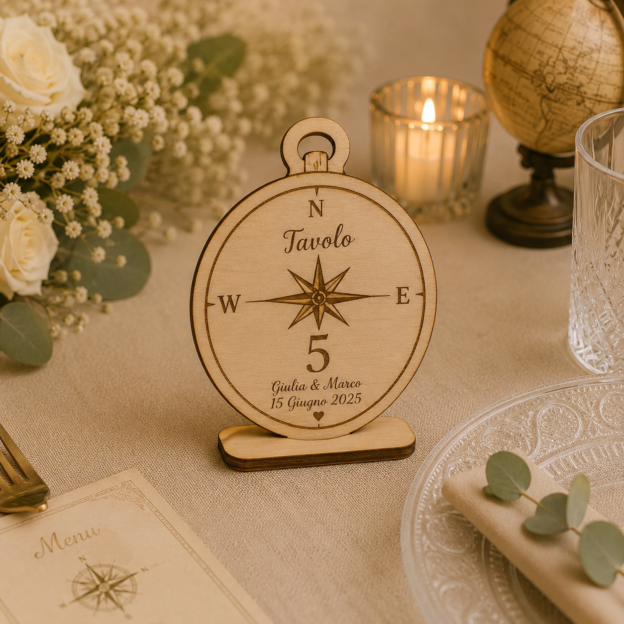 Segnatavolo Personalizzato in Legno – Tema viaggi per Matrimonio, Battesimo e Comunione