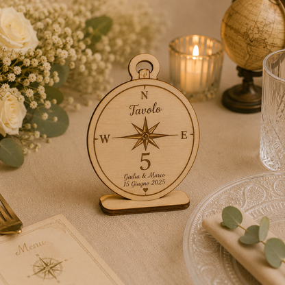 Segnatavolo Personalizzato in Legno – Tema viaggi per Matrimonio, Battesimo e Comunione