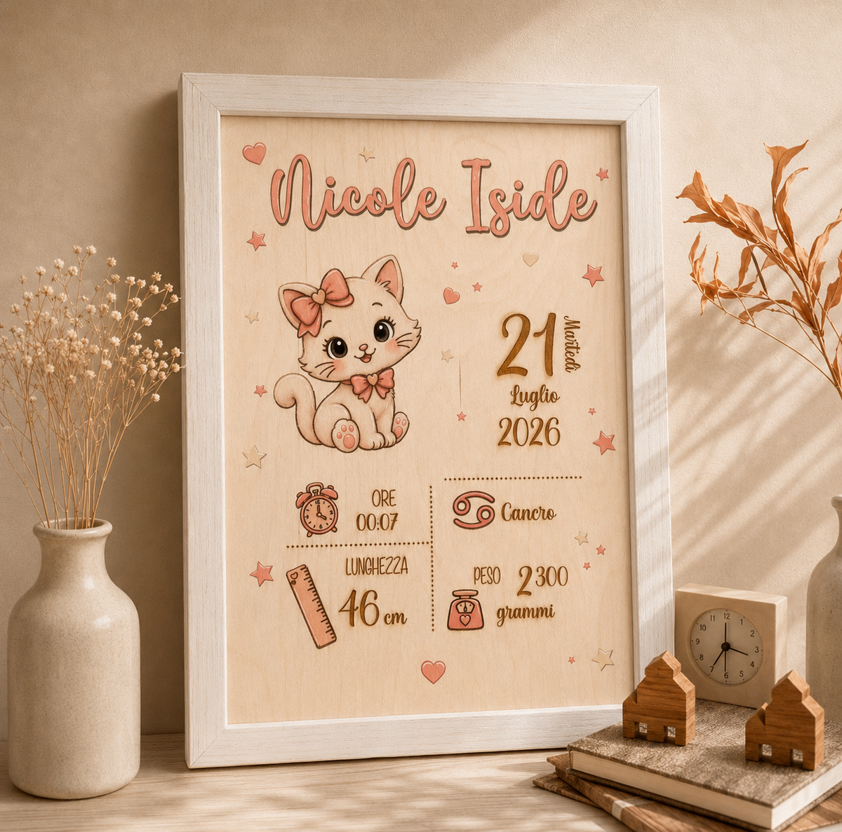 Quadretto nascita personalizzato con animaletti pucciosi in legno taglio laser