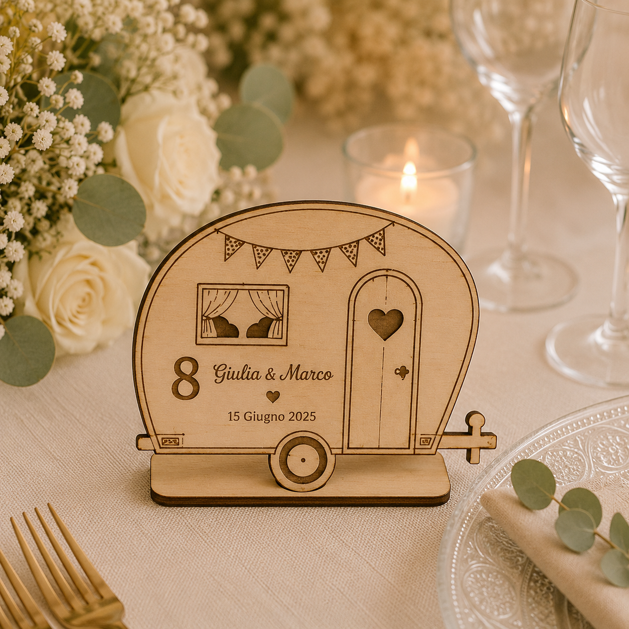 Segnatavolo Personalizzato in Legno – Tema viaggi per Matrimonio, Battesimo e Comunione