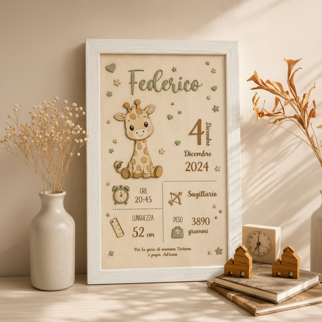 Quadretto nascita personalizzato  in legno taglio laser |  personalizzabile