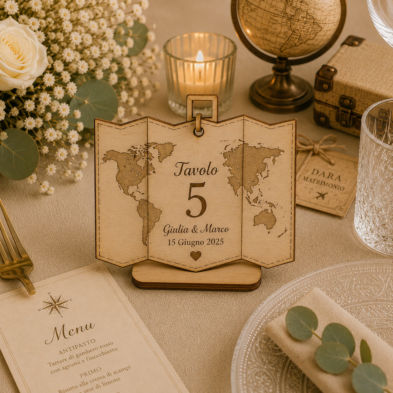 Segnatavolo Personalizzato in Legno – Tema viaggi per Matrimonio, Battesimo e Comunione