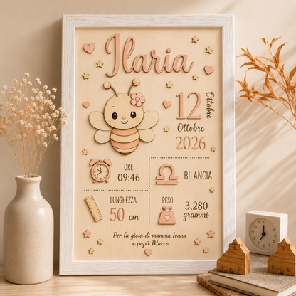 Quadretto nascita personalizzato  in legno taglio laser |  personalizzabile