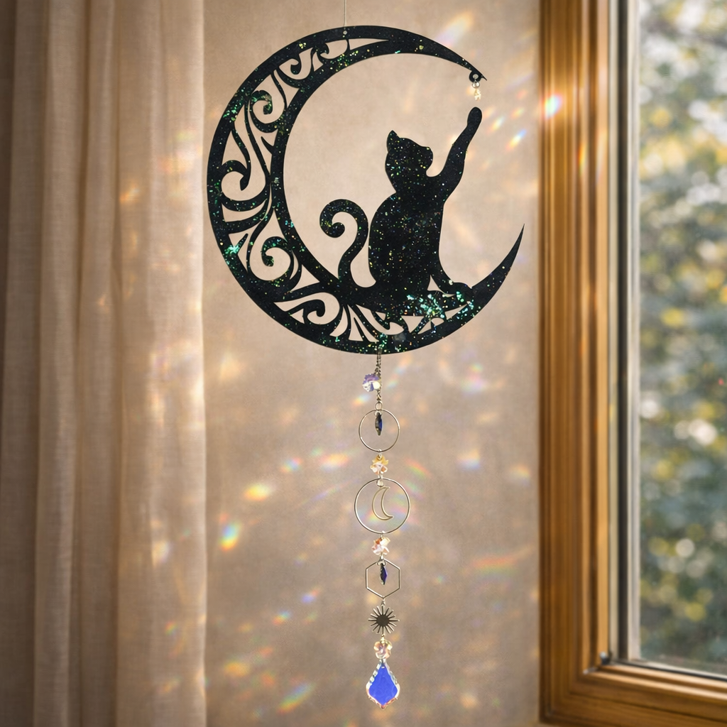 Decorazione cattura sole / acchiappa luce con cristalli di luce mod. Gatto sulla luna