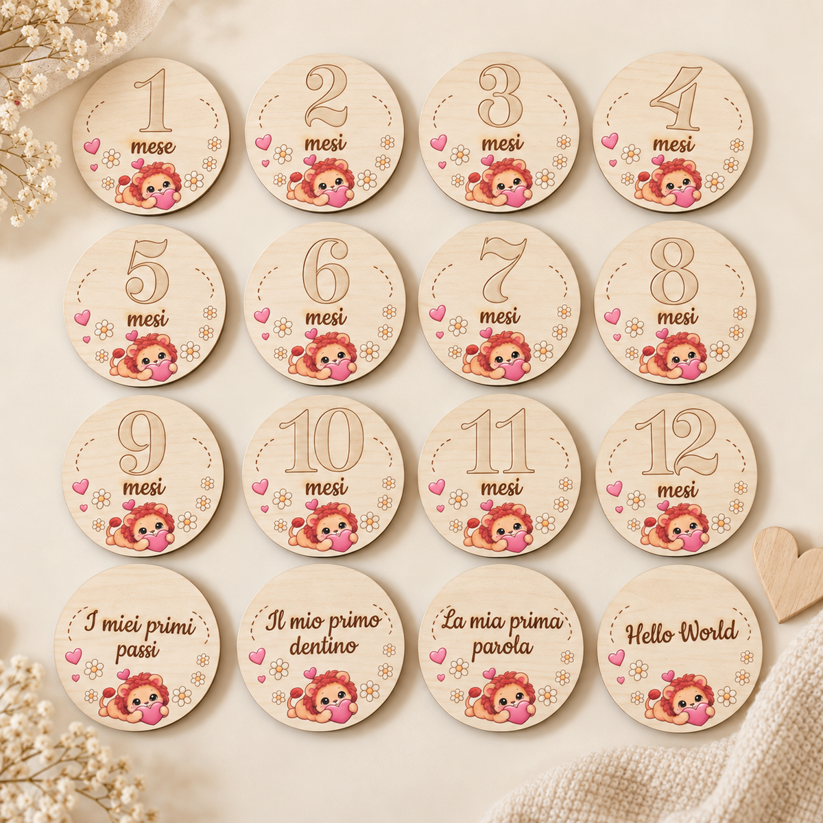 Set milestone neonato in legno  – 16 dischi mesi + momenti bambino, baby milestone cards, regalo nascita personalizzato