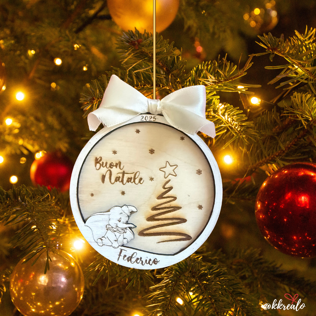 Pallina di natale in legno di betulla  taglio laser - buon natale con personaggio - personalizzabile